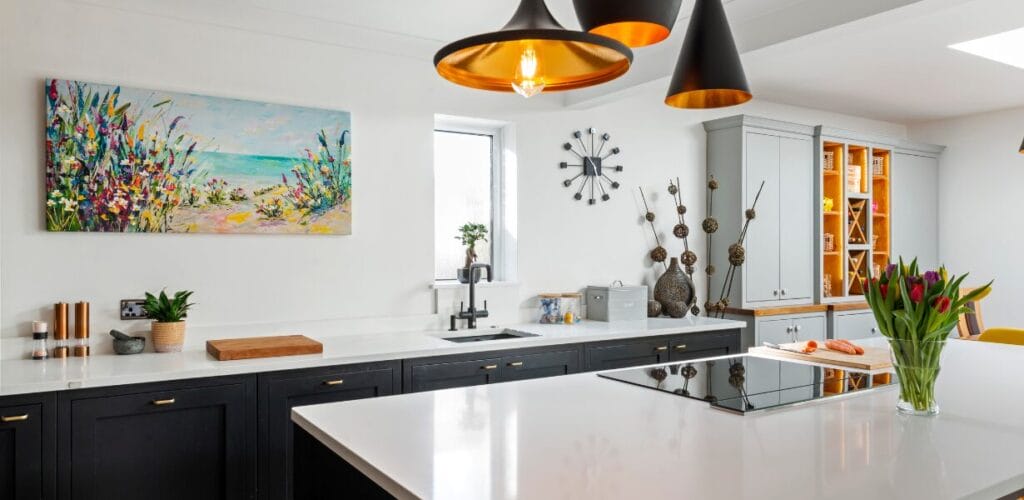 White Quartz Kitchen with Blue Cabinets 3